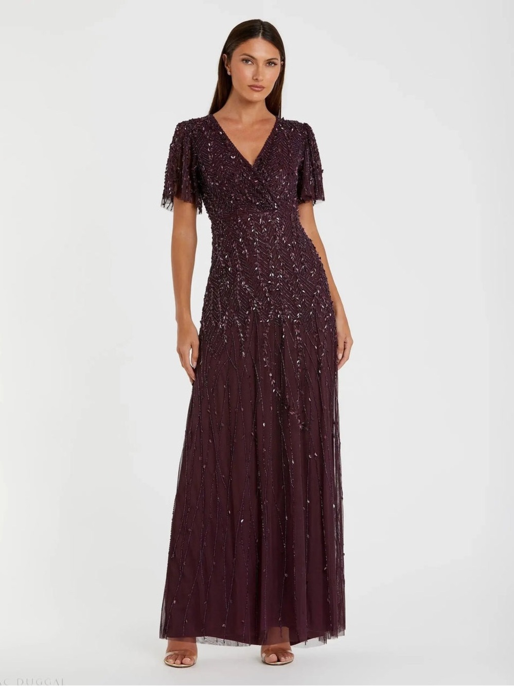 Mac Duggal • NWT $1100 Purple Embellished Flutter Sleeve Gown